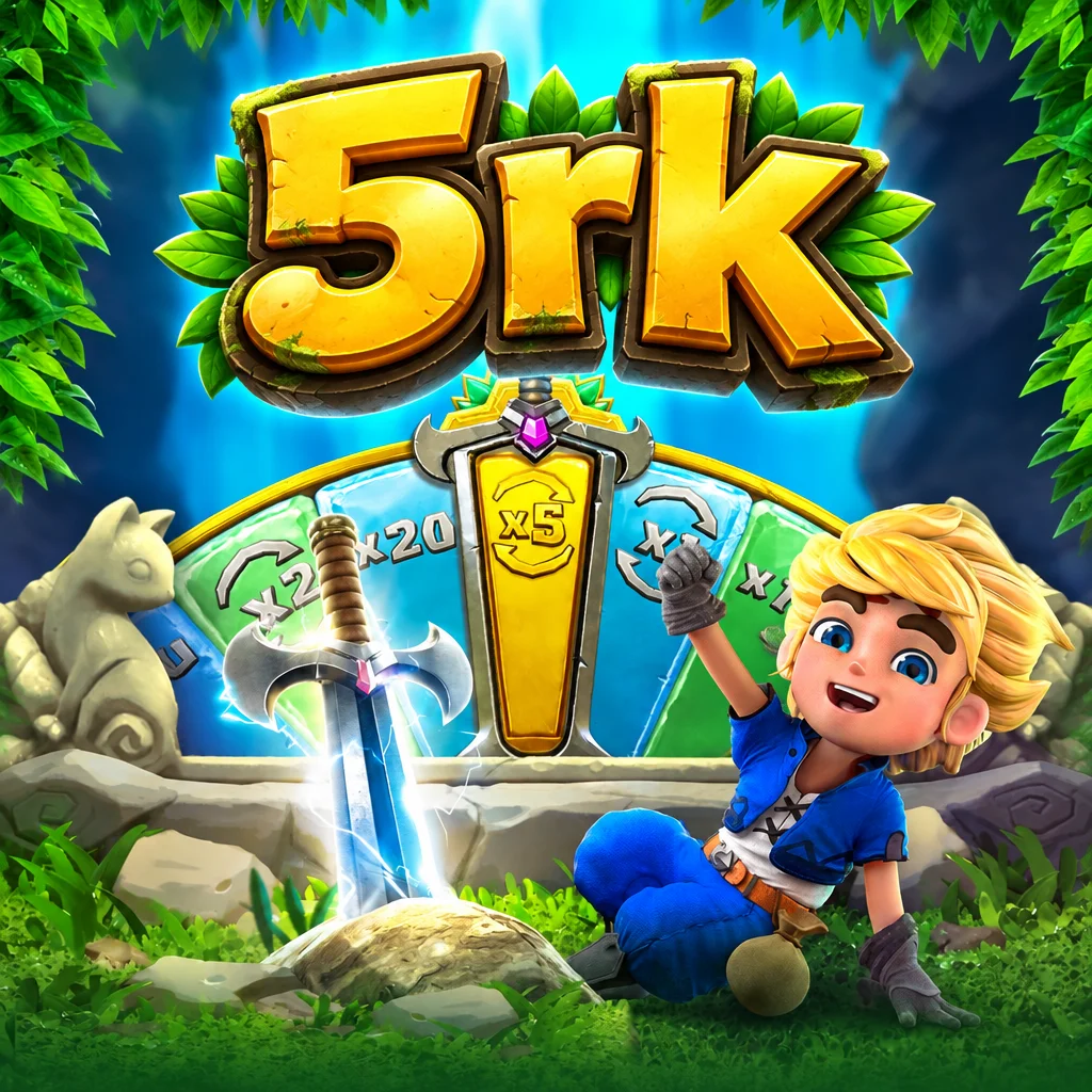 Karakter pahlawan muda dan pedang legendaris dari Gem Saviour Sword dengan logo 5rk